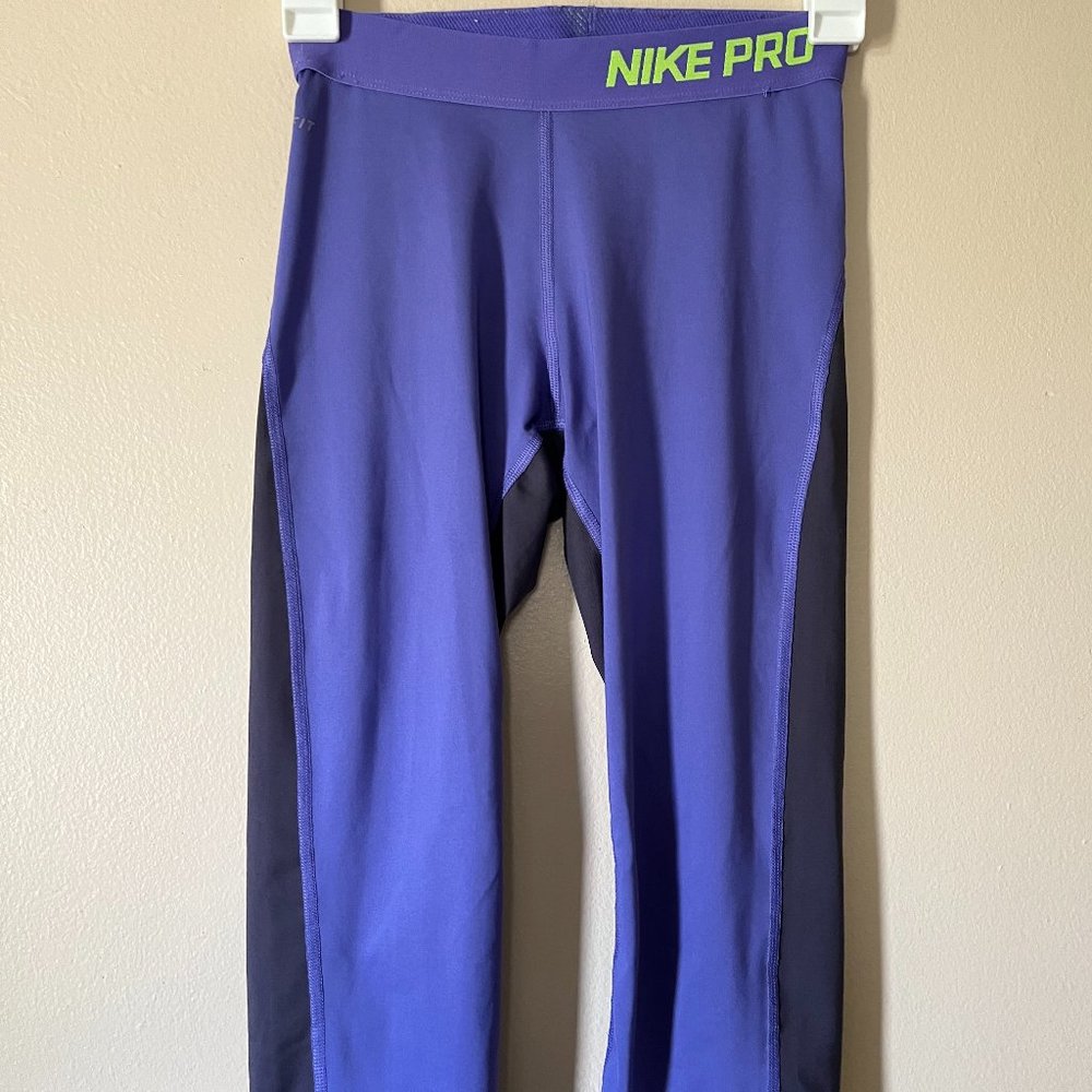 Nike pro purple and Gray workout pants with neon Green Logo Size XS